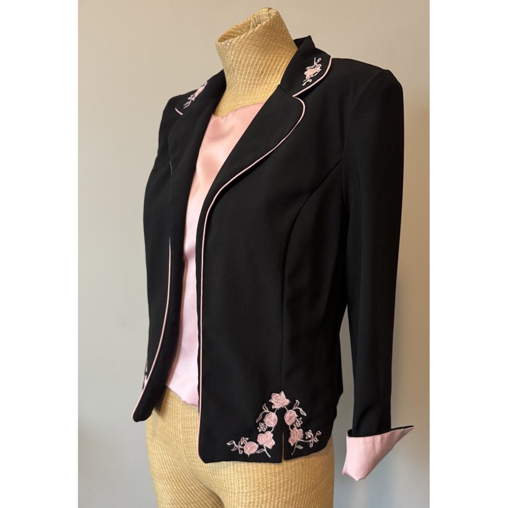 VTG Y2K Sag Harbor Jacket Blazer Black‎ Pink Embroidered Flowers Goth Girly Sz 8